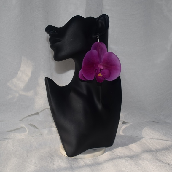 Fuchsia Phalaenopsis Orchid True Touch Artificial Earrings. - Picture 2 of 11